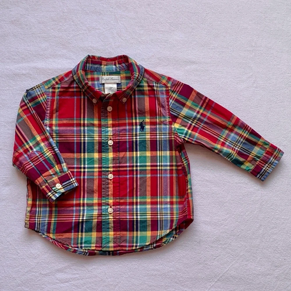 Ralph Lauren Red Green Blue Yellow Multicolor Plaid Shirt with Long Sleeves 9M